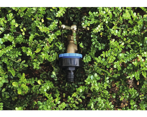 Gartenschlauchanschluss vor grünen Blättern