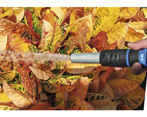 Gartenszene mit einer Handbrause, die über Blätter sprüht