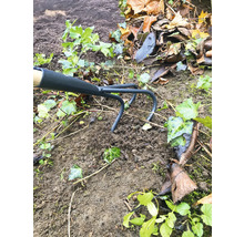 Gartenharke im Einsatz zwischen Erde und Pflanzen