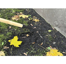Nahaufnahme einer Hacke mit Holzgriff im Gartenboden.