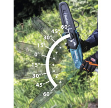 Makita Logo. Darstellung einer Akku-Astsäge mit verstellbarem Schneidkopf in verschiedenen Winkeln.