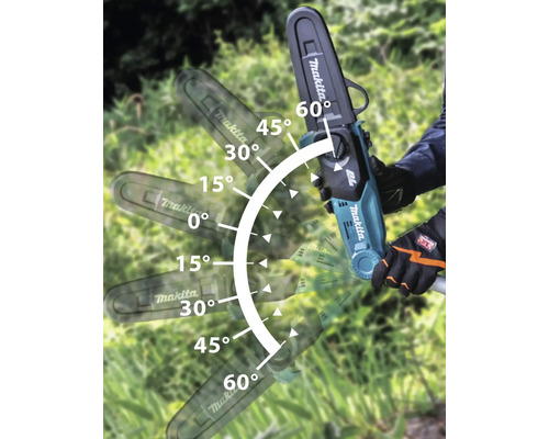 Makita Logo. Darstellung einer Akku-Astsäge mit verstellbarem Schneidkopf in verschiedenen Winkeln.