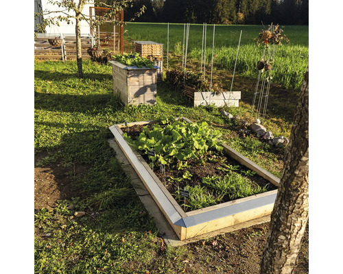 Garten mit Hochbeet und verschiedenen Pflanzgefäßen