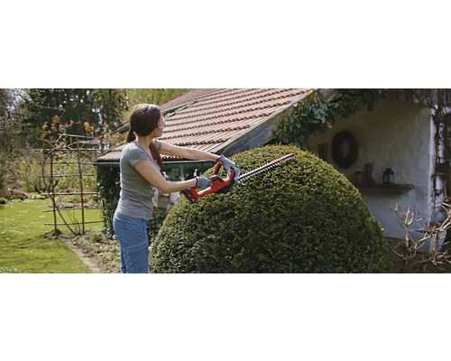 Frau schneidet Hecke mit einer Heckenschere im Garten.