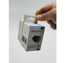 Verpackung eines Shelly Plus Plug S Smart Wi-Fi und Bluetooth Steckers Typ F
