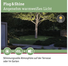 Plug and Shine Gartenbeleuchtung mit warmweissem Licht für eine stimmungsvolle Atmosphäre auf der Terrasse oder im Garten.