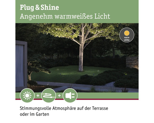 Plug and Shine Gartenbeleuchtung mit warmweissem Licht für eine stimmungsvolle Atmosphäre auf der Terrasse oder im Garten.