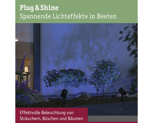 Beleuchtete Sträucher und Büsche im Garten mit Erdspießleuchten