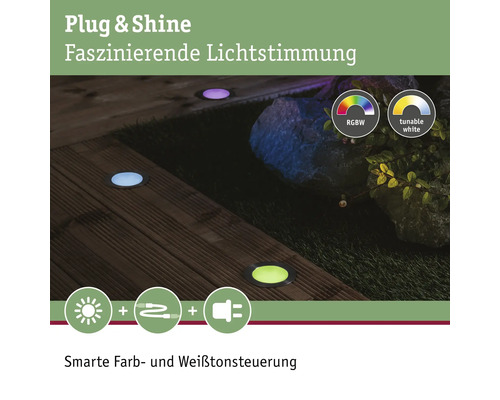 Bodeneinbaustrahler mit verschiedenen Farben für eine Gartenbeleuchtung.