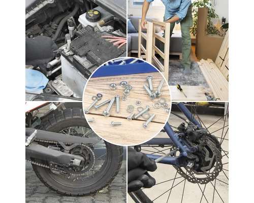 Montagearbeiten an Auto, Möbeln, Motorrad und Fahrrad mit Schrauben und Muttern.