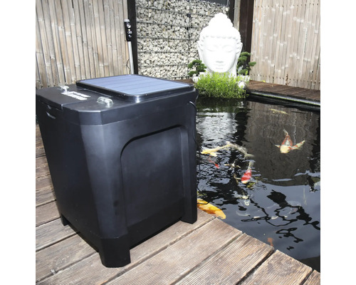 Solar Teichfilter mit Teich und Koi Karpfen im Garten.