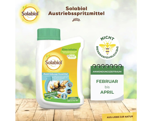 Solabiol Austriebsspritzmittel Flasche mit Hinweis auf bienenungefährlich und Anwendungszeitraum Februar bis April