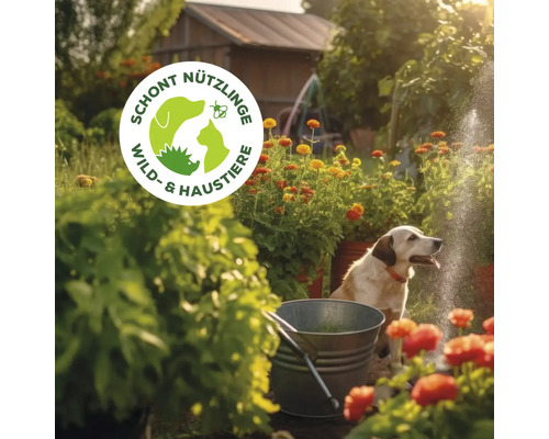 Gartenszene mit Hund, Eimer und Blumen sowie dem Symbol Schont Nützlinge und Wild- & Haustiere