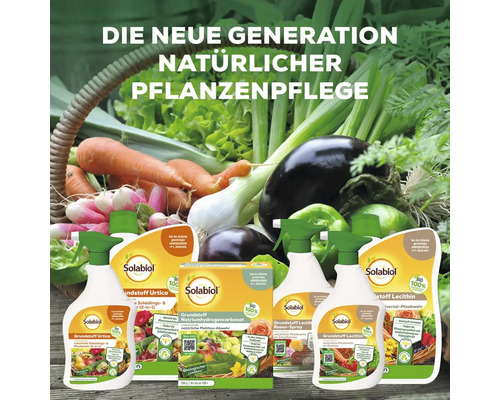 Solabiol Pflanzenpflegeprodukte mit Gemüse im Korb