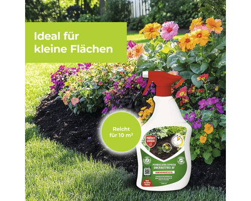 Unkrautvernichter mit Sprühkopf vor Blumenbeet