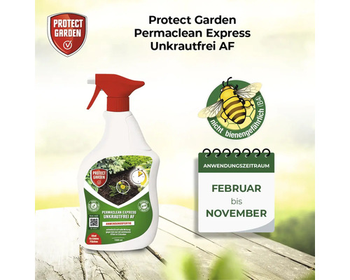 Protect Garden Permaclean Express Unkrautfrei AF mit Anwendungszeitraum von Februar bis November und dem Hinweis, dass es nicht bienengefährlich ist.