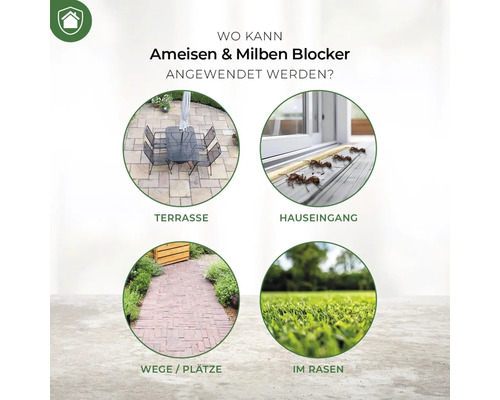 Anwendungsbereiche für Ameisen- und Milben Blocker: Terrasse, Hauseingang, Wege und Plätze, Rasen