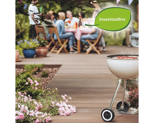 Szene im Garten mit Grill und dem Hinweis ''Insektizidfrei'', was bedeutet, dass das Produkt keine Insektizide enthält.