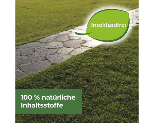 Gartenweg mit Rasen und dem Hinweis: Insektizidfrei und 100 Prozent natürliche Inhaltsstoffe