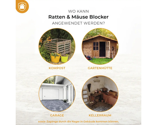 Anwendungsbereiche für Ratten- und Mäuse Blocker: Kompost, Gartenhütte, Garage und Kellerraum.