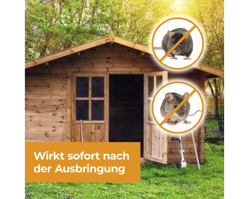 Holzgartenhaus mit Symbolen, die Mäuseabwehr darstellen. Wirkt sofort nach der Ausbringung.