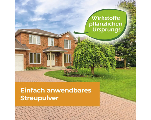 Einfach anwendbares Streupulver vor einem Haus mit Rasenfläche und Bäumen.