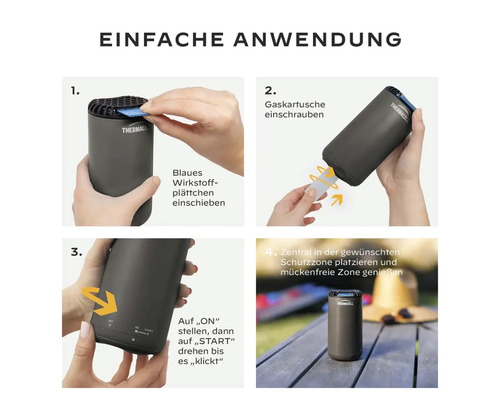 Anwendungsanleitung für Thermacell Mückenschutzgerät in vier Schritten: Wirkstoffplättchen einschieben, Gaskartusche einschrauben, auf ‚ON‘ stellen und auf ‚START‘ drehen, Gerät in Schutzzone platzieren
