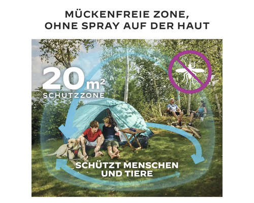 Szene einer Familie beim Camping mit einem Zelt, umgeben von einer Zone, die vor Mücken schützt.