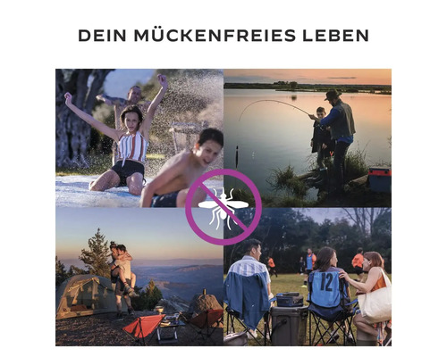 Collage mit Menschen bei Outdoor-Aktivitäten und einem Mückenschutz-Symbol.