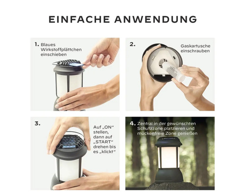 Anwendungsanleitung einer Mückenabwehrlaterne in vier Schritten: Wirkstoffplättchen einschieben, Gaskartusche einschrauben, auf ''ON'' stellen und auf ''START'' drehen, in der Schutzzone platzieren.