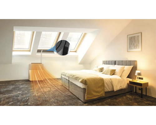 Schlafzimmer mit Dachfenstern, Isolierung und mobiler Klimaanlage