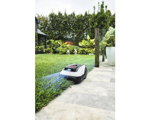 Rasenmähroboter auf einer Rasenfläche mit Begrenzungskabel