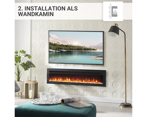 Wohnraum mit Wandkamin unter einem Fernseher