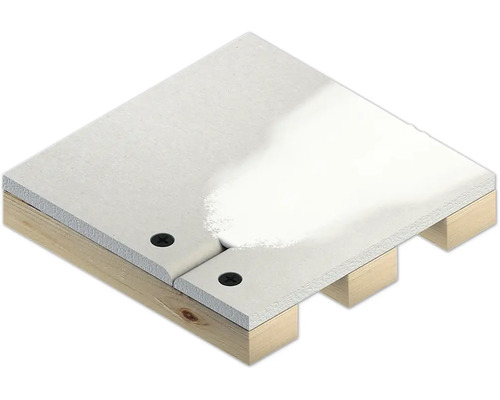 Detailansicht zweier Trockenbauplatten, die mit Schrauben auf einer Holzkonstruktion befestigt sind