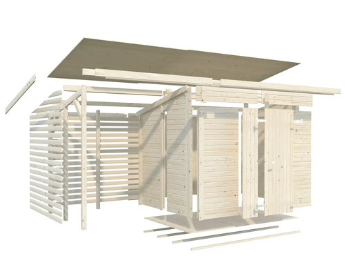 Explosionszeichnung eines Holzgartenhauses mit Dach und Tür