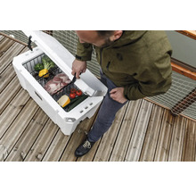 Geöffnete Kühlbox mit Lebensmitteln und Person auf Holzterrasse