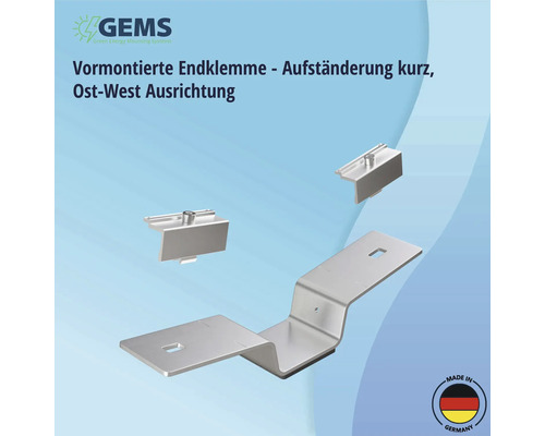 Vormontierte Endklemme für kurze Ost-West Aufständerung zur Montage von Solarmodulen