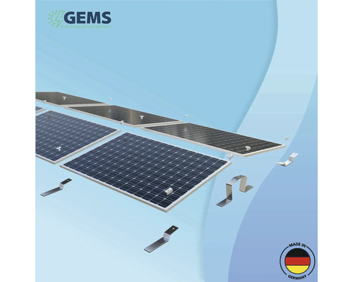 Solarpanel-Montagesystem mit GEMS Logo und Made in Germany Siegel