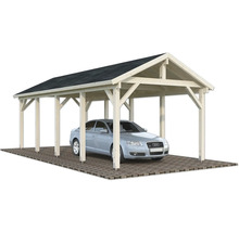 Carport aus Holz mit einem Auto darunter