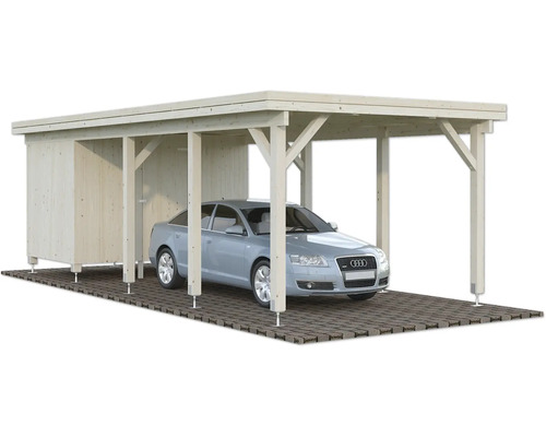Holzcarport mit Geräteraum und geparktem Auto