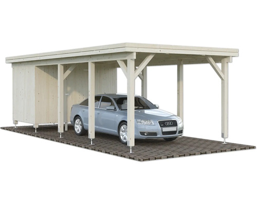 Holzcarport mit Geräteraum und Auto
