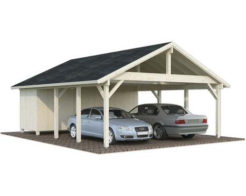 Doppelcarport aus Holz mit zwei Autos