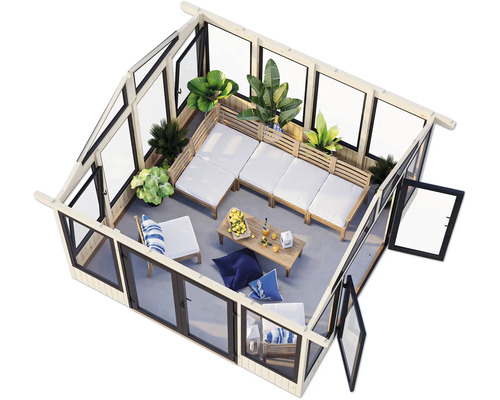 Gartenhaus mit Sitzgruppe, Tisch und Pflanzen
