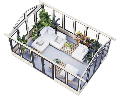 Ansicht von oben eines hellen Wintergartens mit Sitzgruppe und Pflanzen