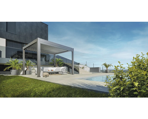 Pergola Biohort 4x3 inkl. beweglichen, isolierten Lamellendach für geringere Geräuschentwicklung und Wärmeabstrahlung 404,5 x 312 cm quarzgrau-metallic/silber