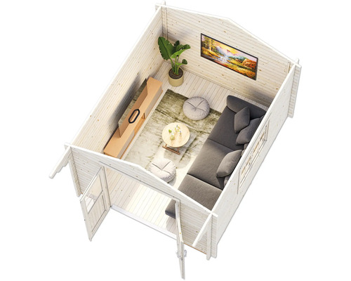 Innenansicht eines Holzhauses mit Wohnbereich, Sofa und Fernseher