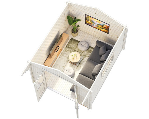 Innenansicht eines Gartenhauses mit Sofa, Tisch, Fernseher und Dekoration