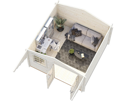 Innenansicht eines Gartenhauses mit Möbeln, Schreibtisch, Bücherregal und Sofa