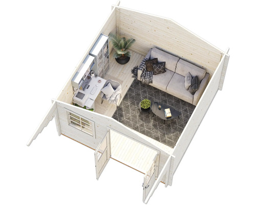 Innenansicht eines Gartenhauses mit Wohnbereich und Büro