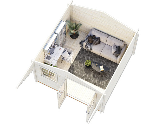 Innenansicht eines Gartenhauses mit Büro- und Wohnbereich